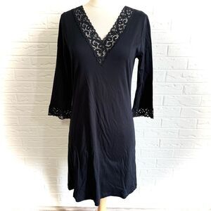HANRO Black Cotton Lace Trim 3/4 Sleeve Nightgown Size XS